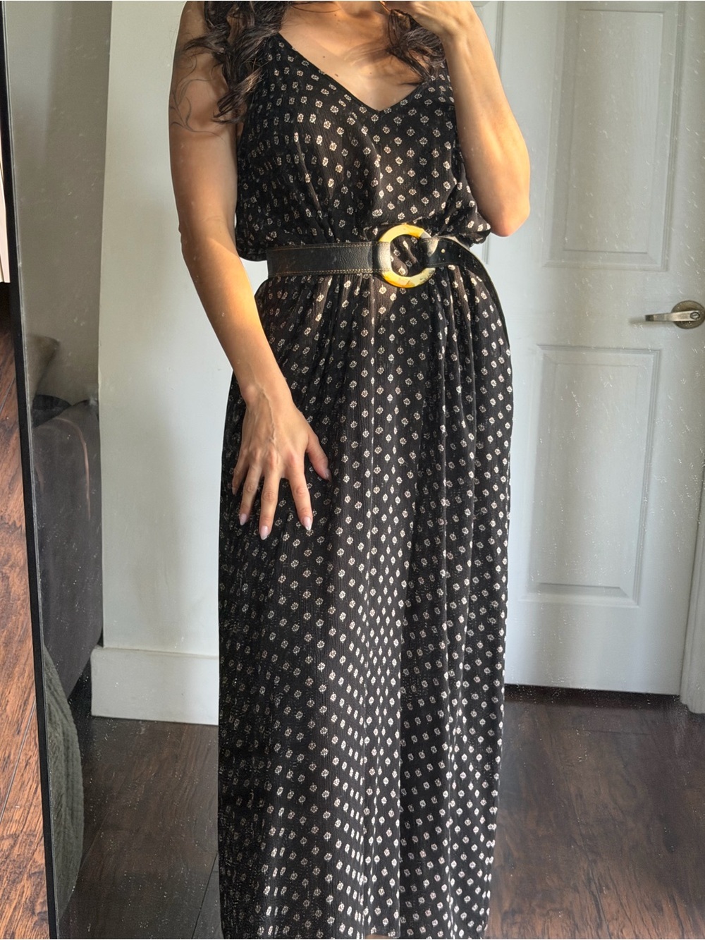 Bohemian Euro Summer Black Printed V-Neck Maxi Dress with Pockets size S Women